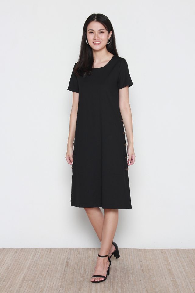 Micah Side Button Panel Midi Sleeve Dress in Black