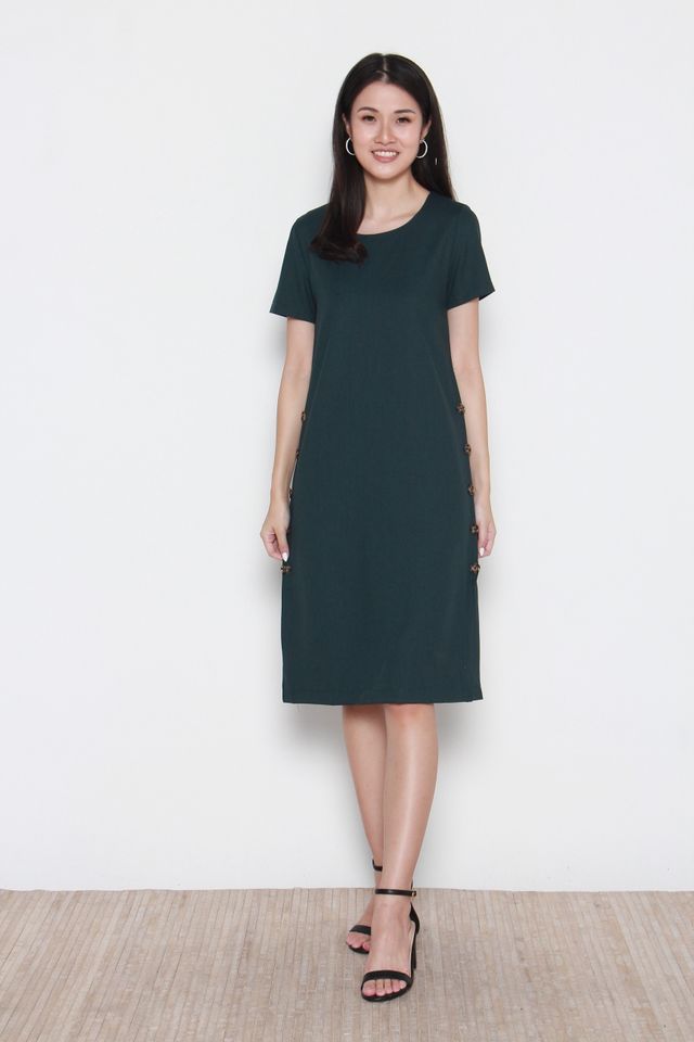 Micah Side Button Panel Midi Sleeve Dress in Forest Green