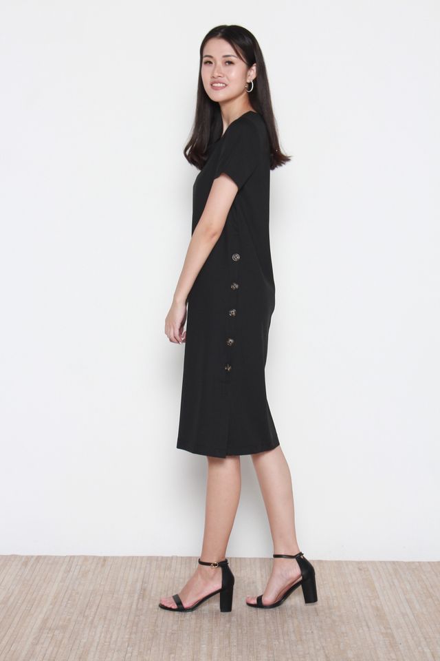Micah Side Button Panel Midi Sleeve Dress in Black