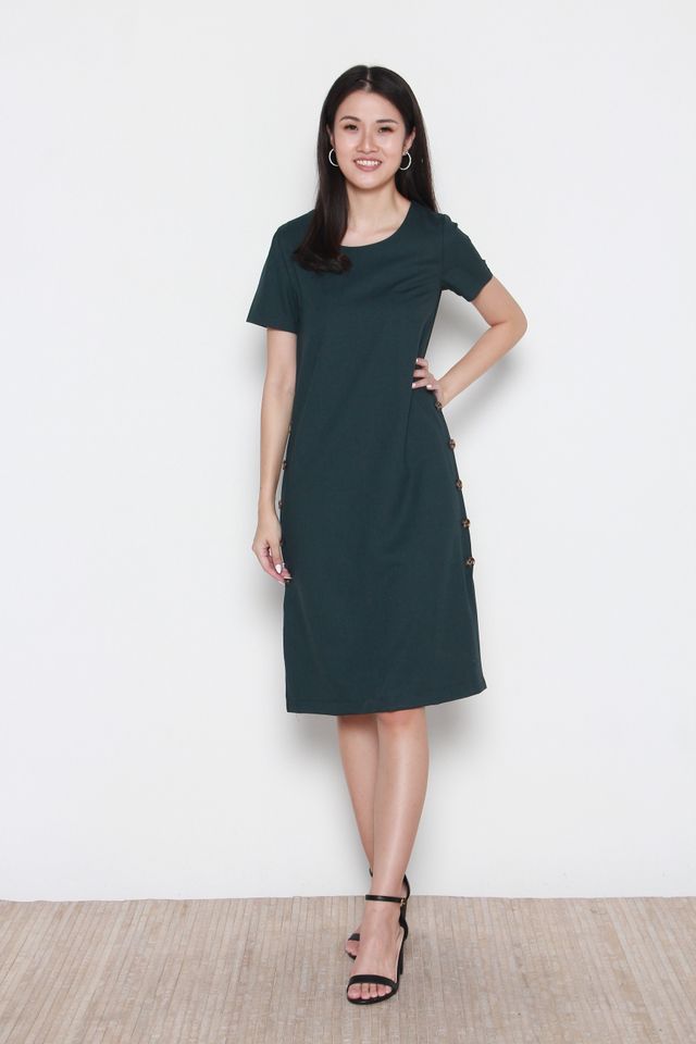 Micah Side Button Panel Midi Sleeve Dress in Forest Green