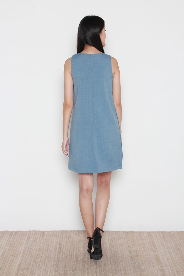 Novah Sleeveless Side Button Dress in Blue