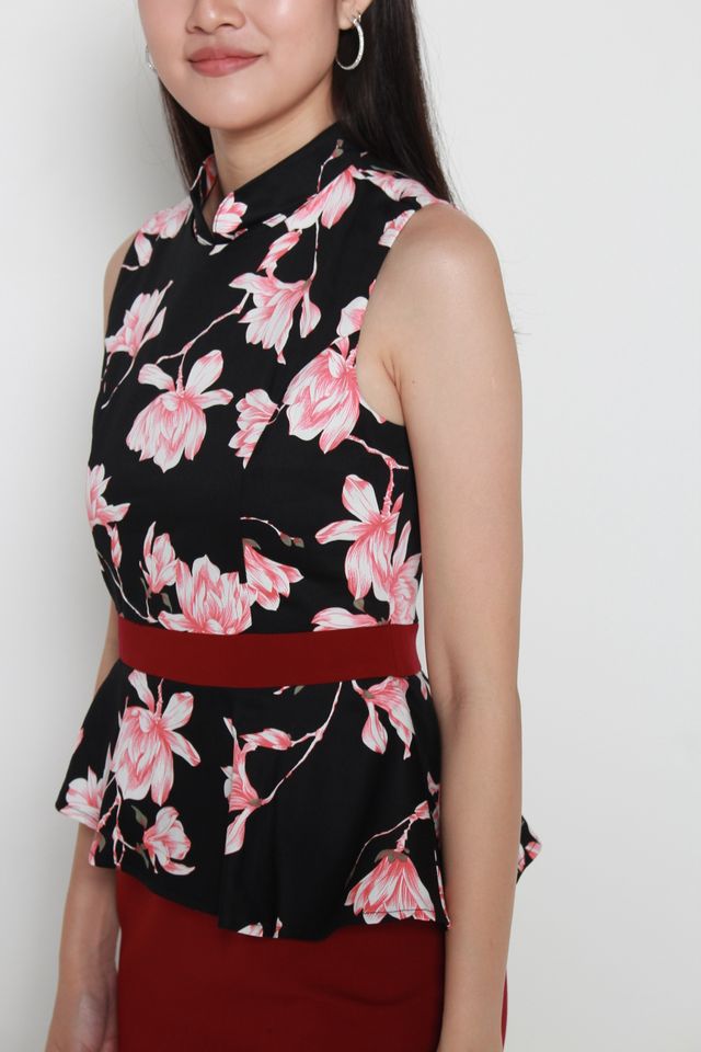 Namiko Floral Peplum Dress (Removable Oriental Collar)