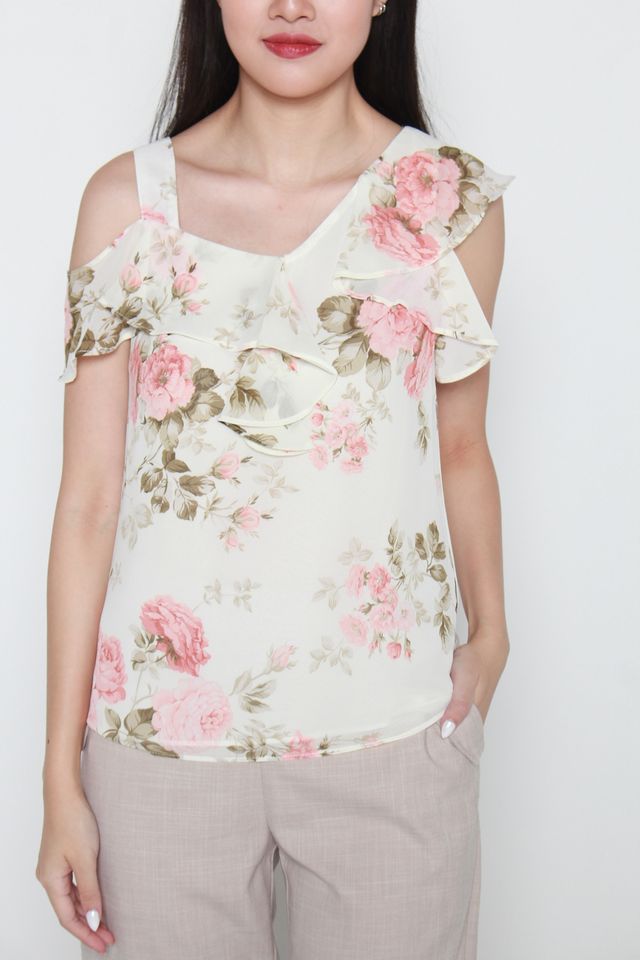 Ganni Cold Shoulder Floral Print Ruffled Top in Cream