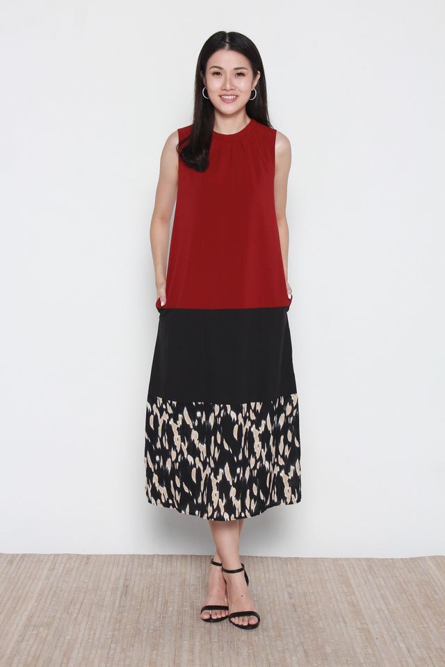 Mallory Sleeveless Colorblock Tiered Midi Dress in Red