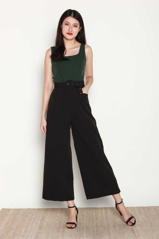 Danessa Two Tone Front Zip Jumpsuit in Forest Green/Black