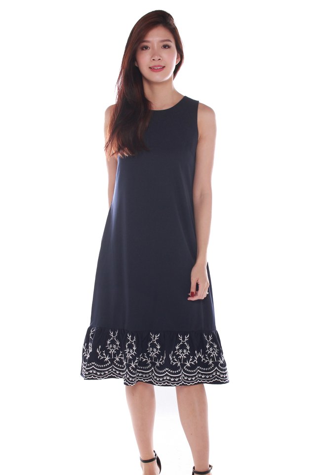 Clare Sleeveless Embroidery Midi Dress in Dark Blue