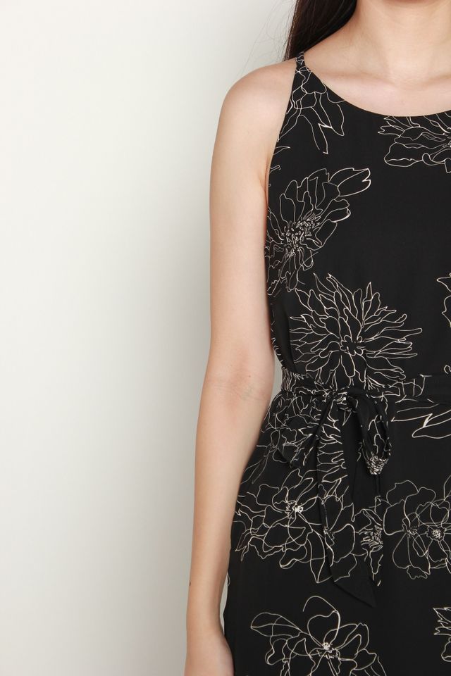 Variel Halter Floral Slit Dress in Black