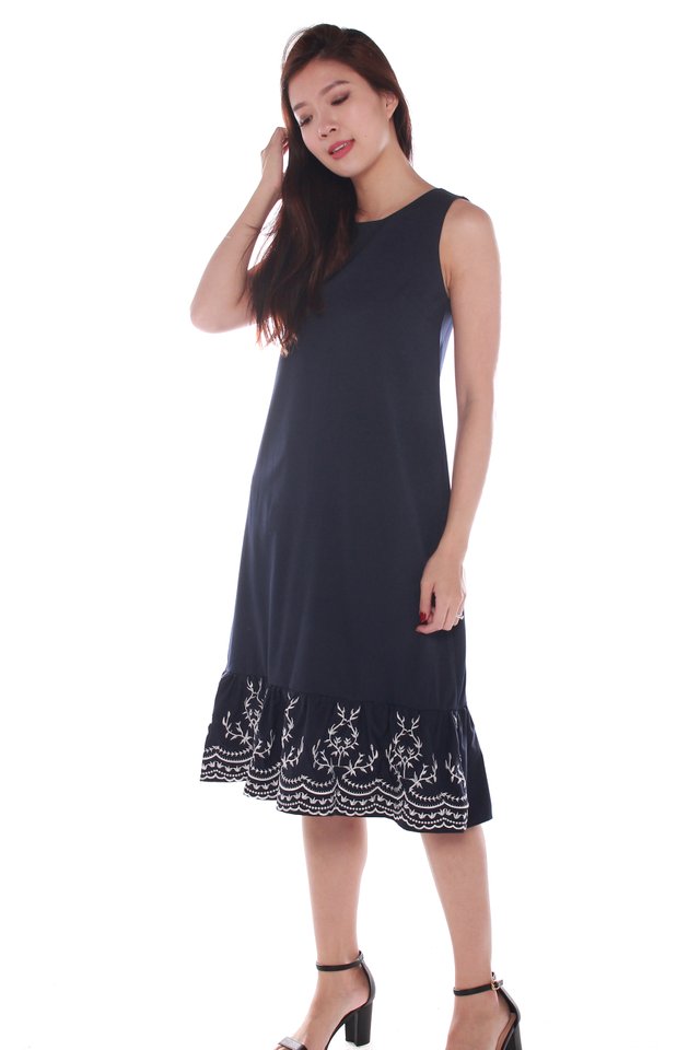 Clare Sleeveless Embroidery Midi Dress in Dark Blue