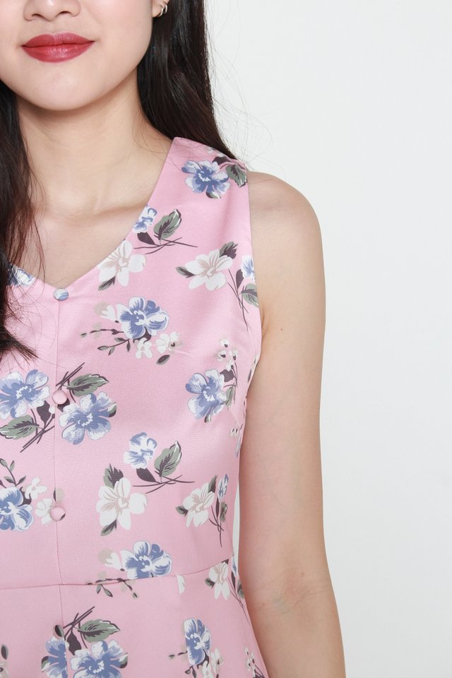 Hallie Floral Button Front Sleeveless Midi Dress in Pink