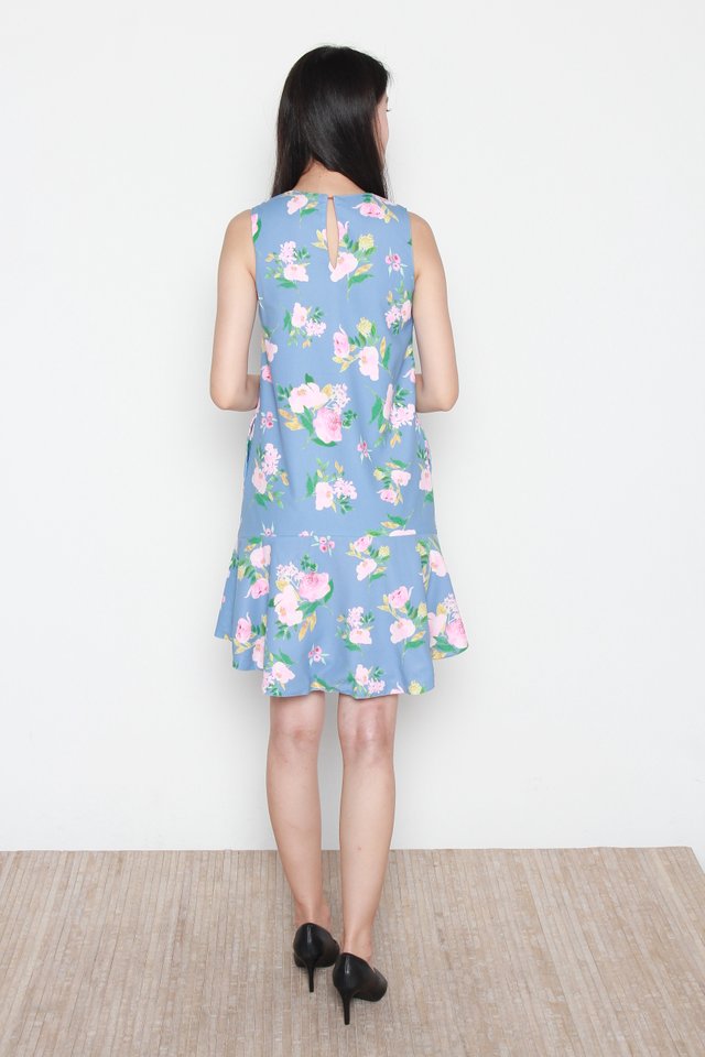 Alaia Floral Abstract Reversible Hi-Lo Gathered Hem Dress in Blue
