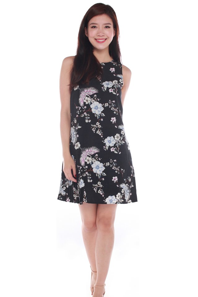 Zoey Floral Printed Sleeveless Mini Dress in Black