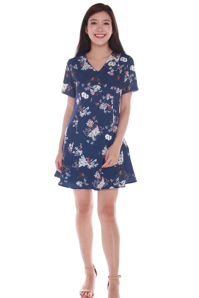Aurora Floral Printed Ruffle Dress in Navy Blue