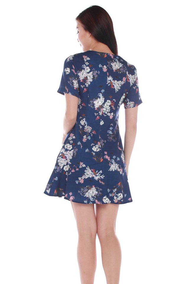 Aurora Floral Printed Ruffle Dress in Navy Blue
