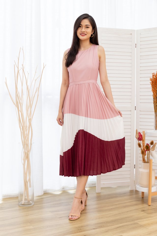Krissy Tiered Colours Pleated Maxi Dress in Pink