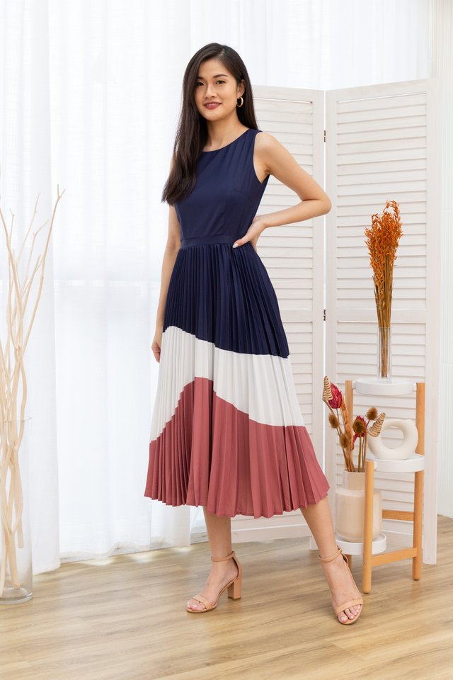 Krissy Tiered Colours Pleated Maxi Dress in Navy Blue