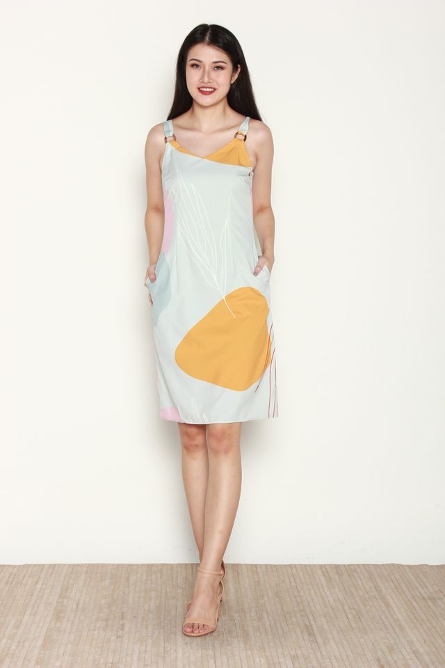 Lovise Abstract Print with Ring Dress in Mint/Mustard