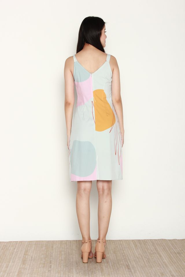 Lovise Abstract Print with Ring Dress in Mint/Mustard
