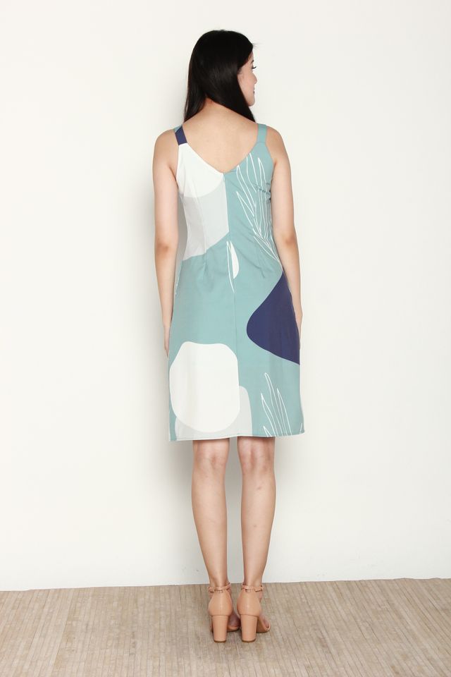 Lovise Abstract Print with Ring Dress in Green/Blue