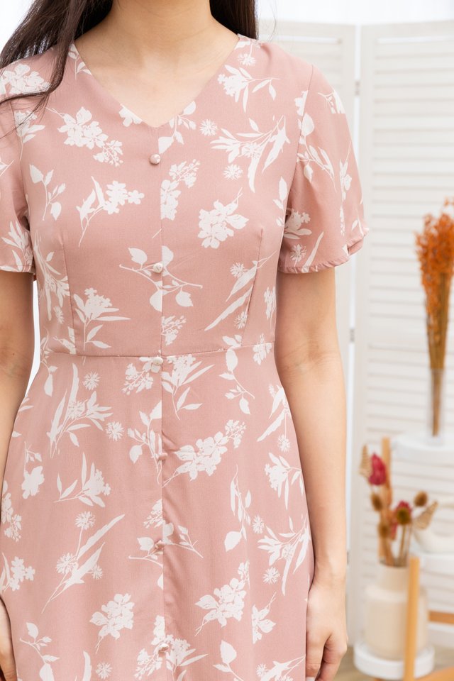 Rachele Floral Button Front Midi Dress in Pink