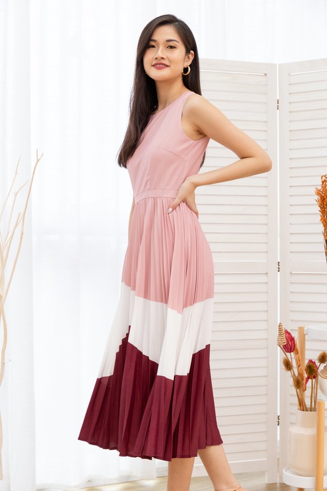 Krissy Tiered Colours Pleated Maxi Dress in Pink