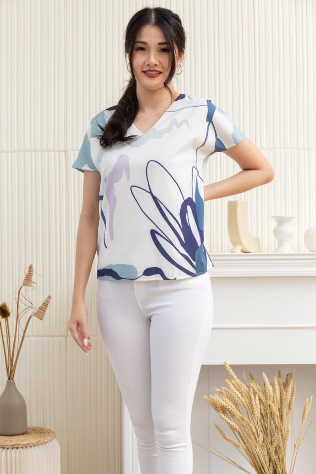 Elena Abstract V-Neck Top in White/Blue