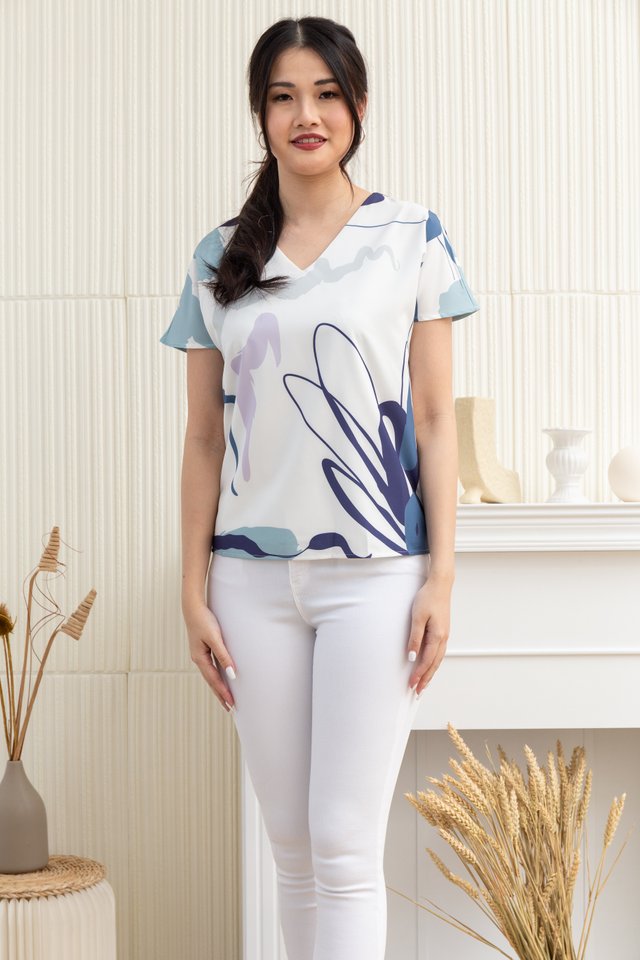Elena Abstract V-Neck Top in White/Blue