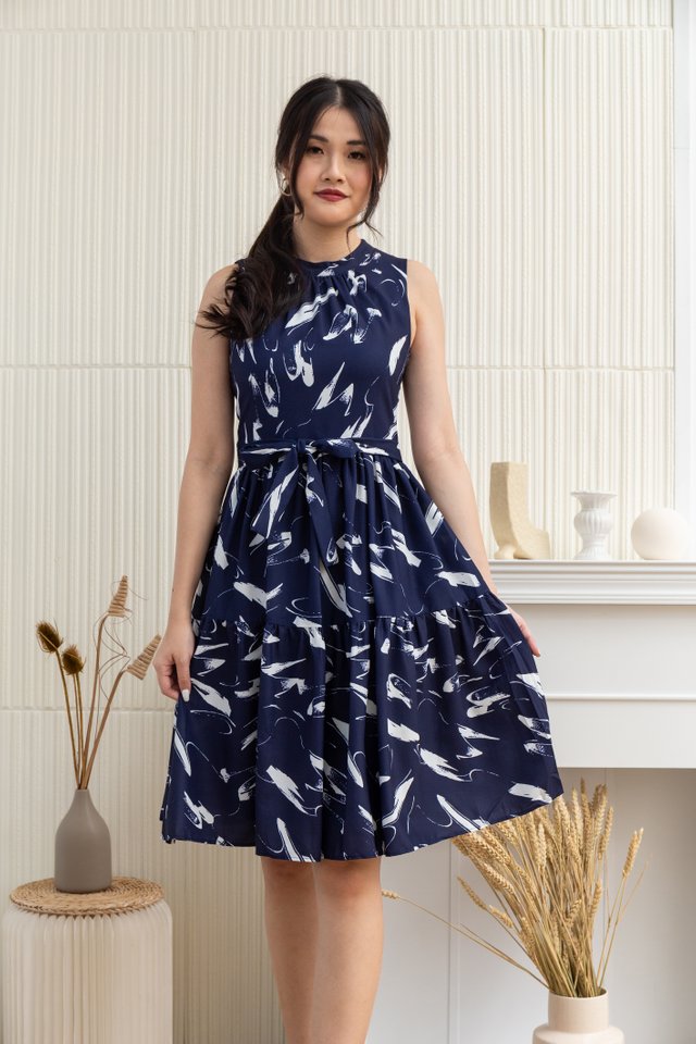 Nevaeh Paint Brush Print Sleeveless Dress in Blue