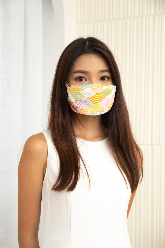 Akari Removable Oriental Print Collar & Hem Cheongsam Dress with Fabric Face Mask