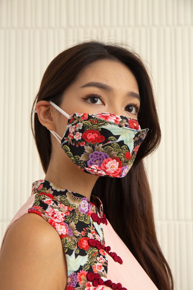 Ichika Peony and Crane Cheongsam Dress with Fabric Face Mask in Pink