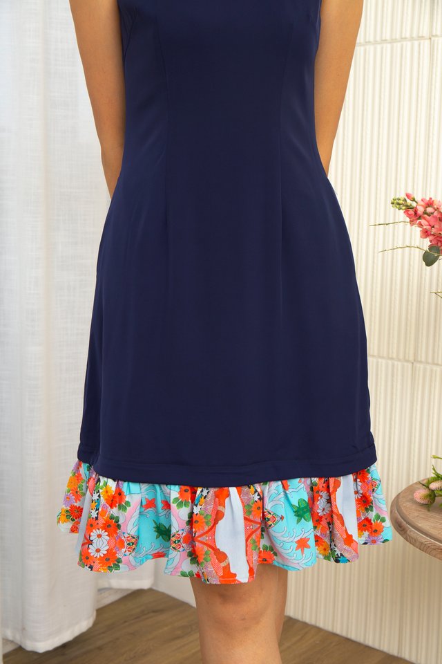 Niko Removable Collar & Exchangeable Ruffle Hem Midi Dress with Fabric Face Mask in Navy Blue 