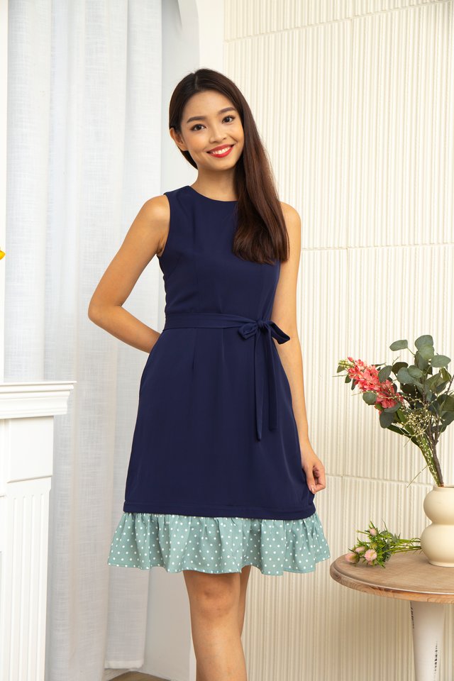 Niko Removable Collar & Exchangeable Ruffle Hem Midi Dress with Fabric Face Mask in Navy Blue 