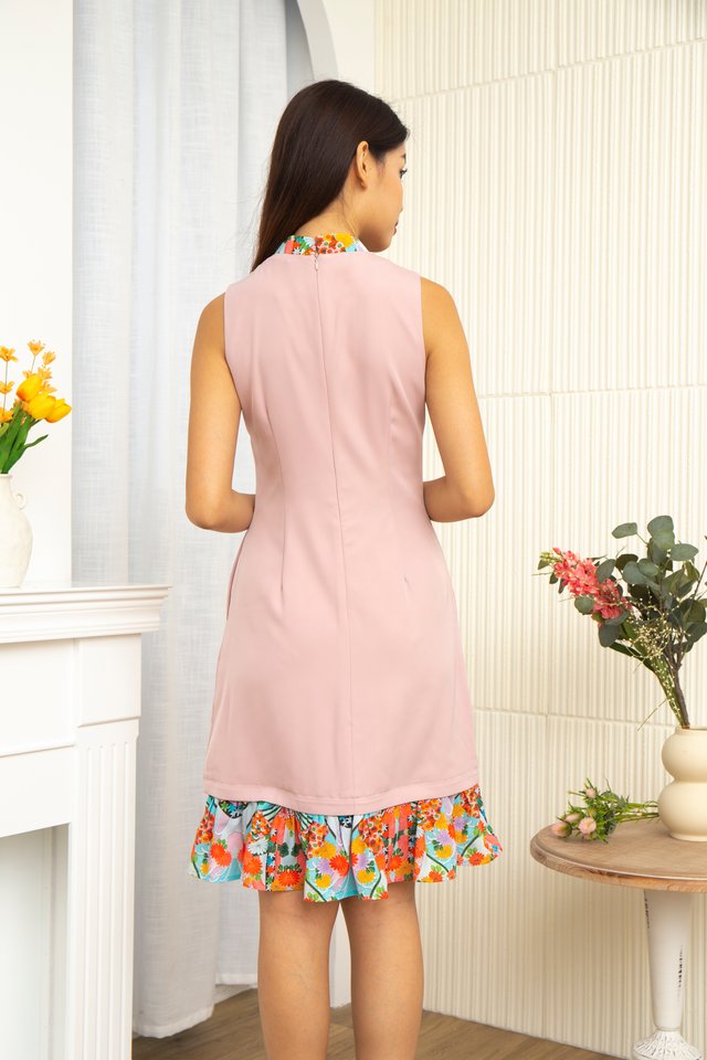 Niko Removable Collar & Exchangeable Ruffle Hem Midi Dress with Fabric Face Mask in Pink