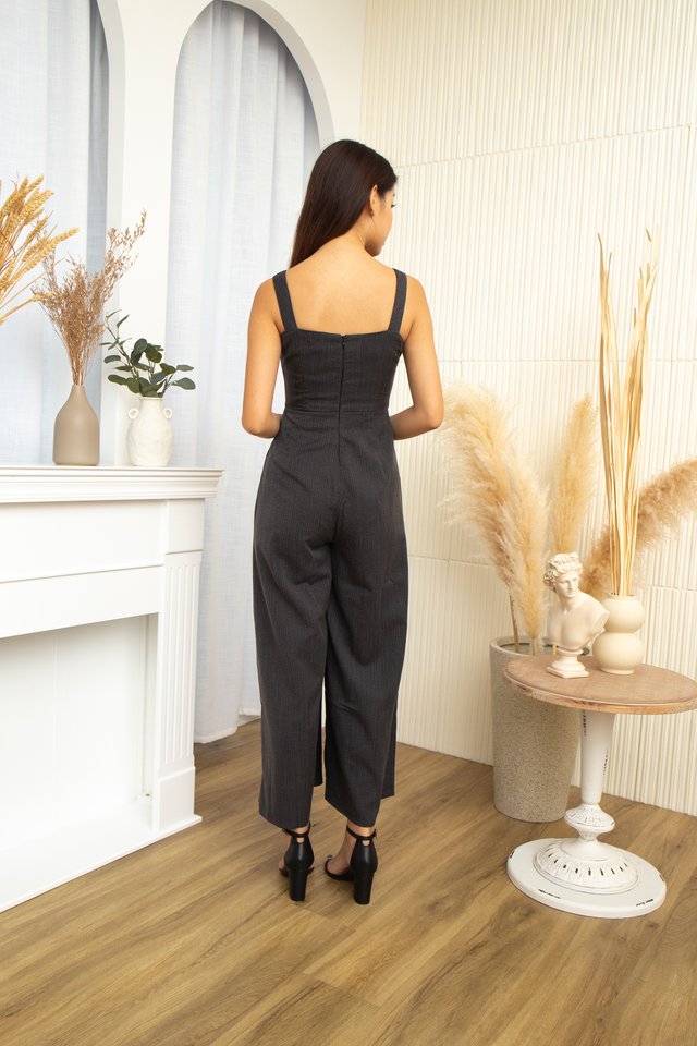 Zane Strips with Faux Buttons Jumpsuit in Black