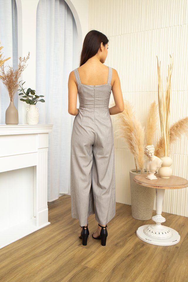 Zane Strips with Faux Buttons Jumpsuit in Grey