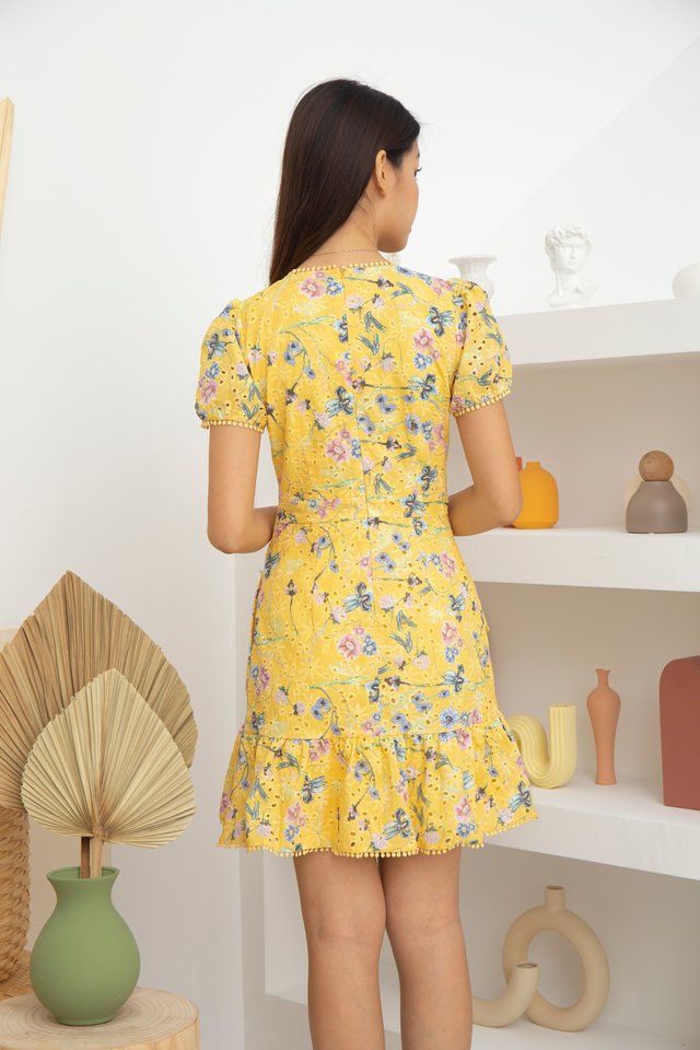 Leilani V-Neck Floral Eyelet Embroidery Dress in Yellow