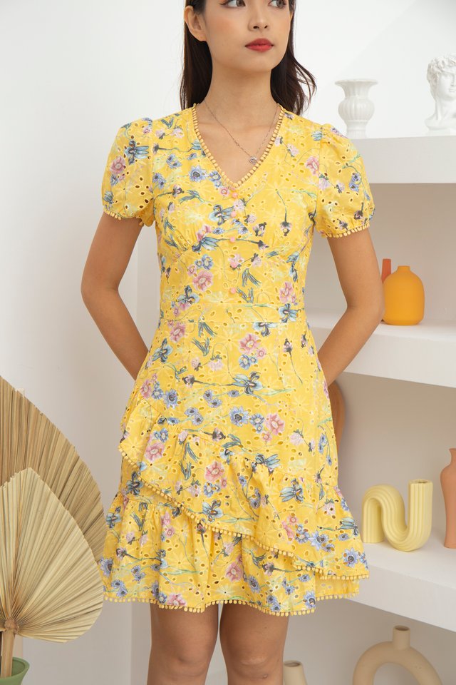 Leilani V-Neck Floral Eyelet Embroidery Dress in Yellow