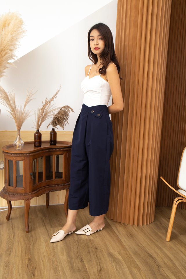 Chiara Criss Cross Button Front Cropped Culottes in Navy Blue