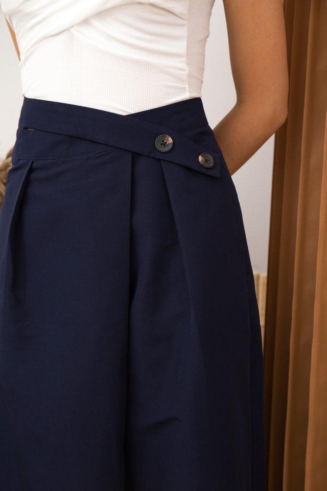 Chiara Criss Cross Button Front Cropped Culottes in Navy Blue
