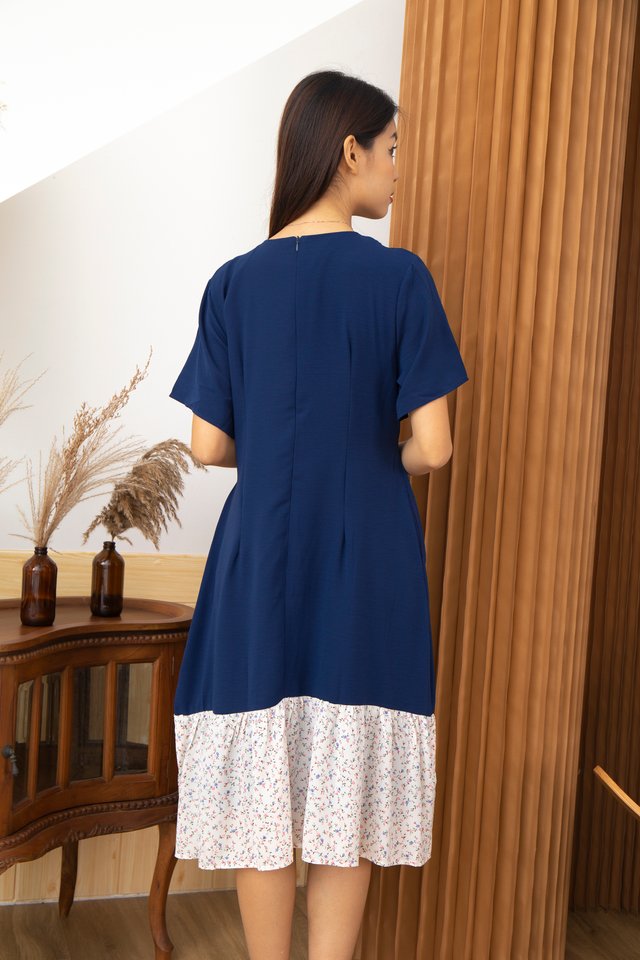 Peyton Floral Ruffle Hem Midi Dress in Blue