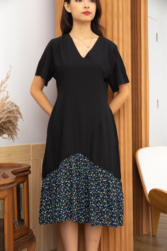 Peyton Floral Ruffle Hem Midi Dress in Black