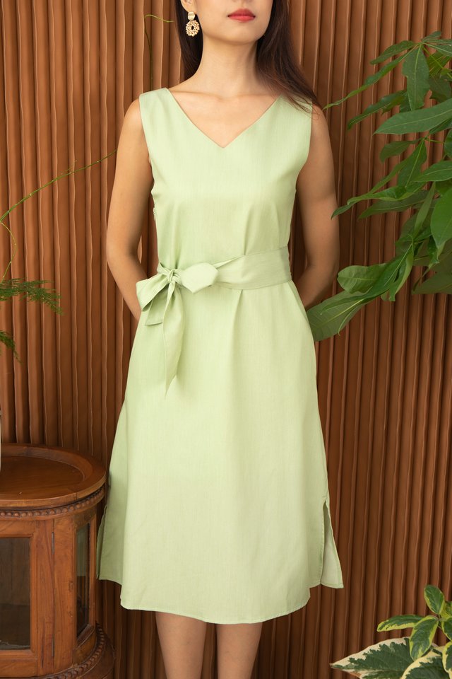 Winola V-Neck Sleeveless Midi Dress in Lime Green