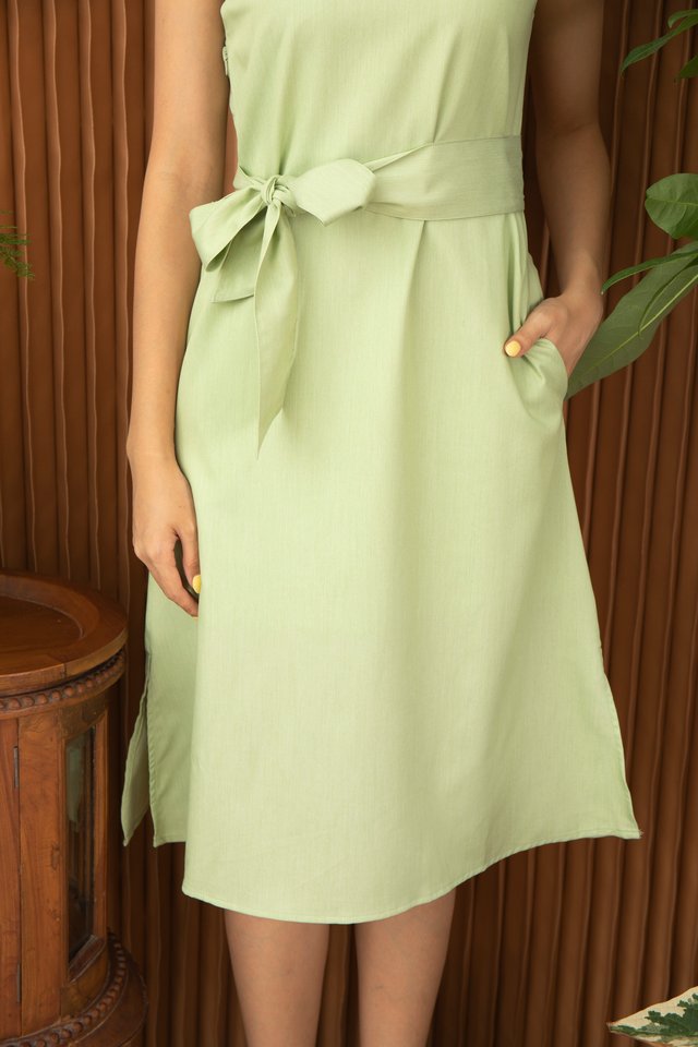 Winola V-Neck Sleeveless Midi Dress in Lime Green
