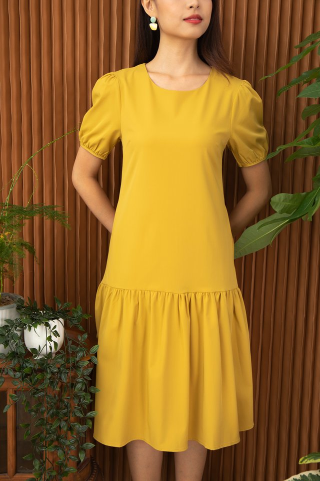 Alviria Puff Sleeve Cascade Dress in Mustard
