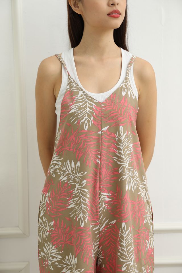 Ferda Slip On Tropical Print Jumpsuit in Pink