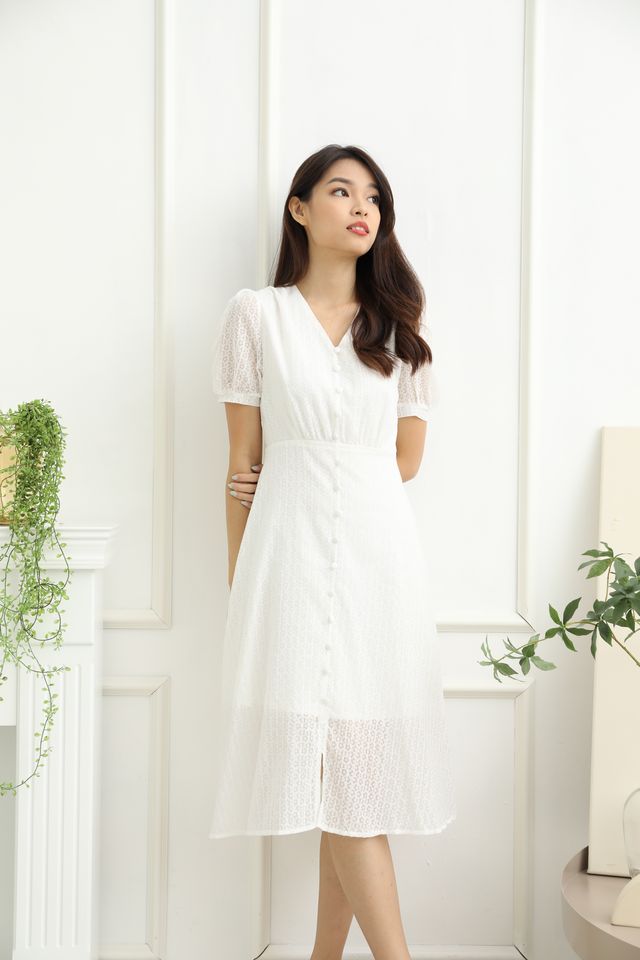 Luisa Front Button Down Sleeved Midi Dress in White