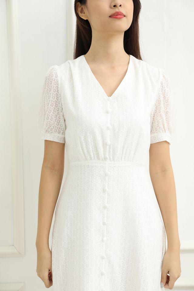 Luisa Front Button Down Sleeved Midi Dress in White