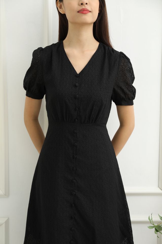 Luisa Front Button Down Sleeved Midi Dress in Black
