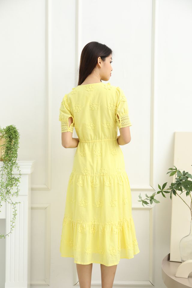 Lacey Embroidery Midi Dress in Yellow