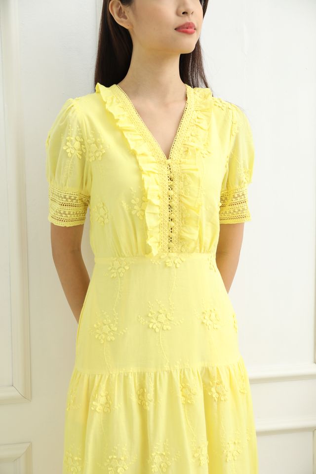 Lacey Embroidery Midi Dress in Yellow