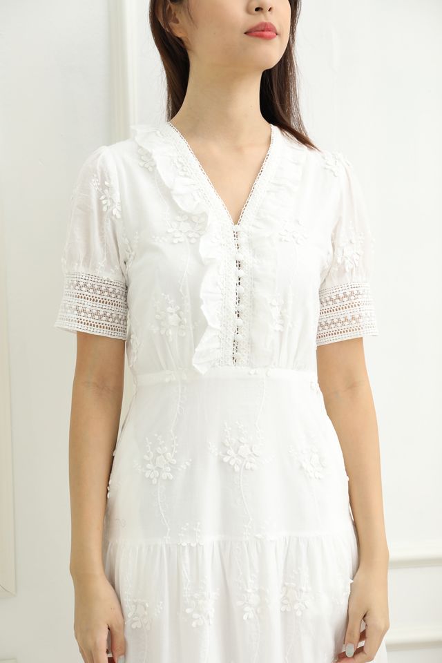 Lacey Embroidery Midi Dress in White